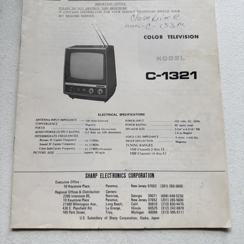 Sharp Electronics Color Television Model C-1321 Service Information
