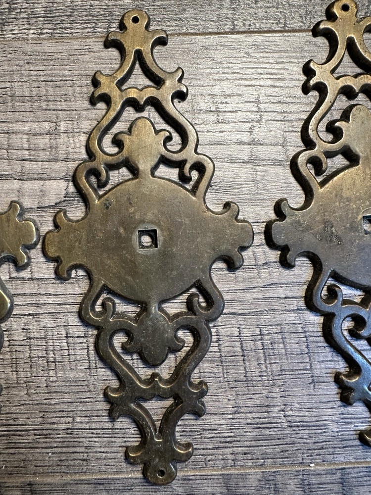 4-VINTAGE Amerock DRAWER PULLS Back Plate Brass Holes Scrolls Open Work