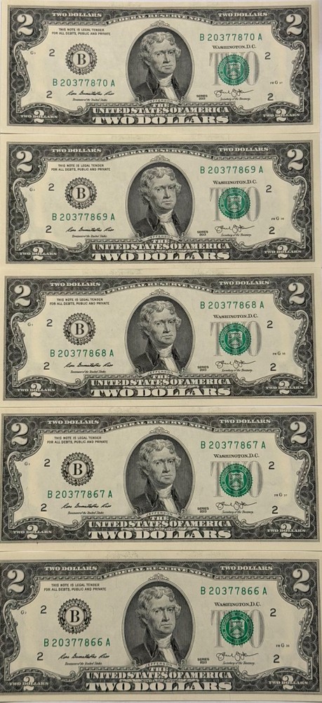 CONSECUTIVE CRISP UNCIRCULATED 2013 $2 US NOTES FROM UNCIRCULATED BANK PACK $6EA