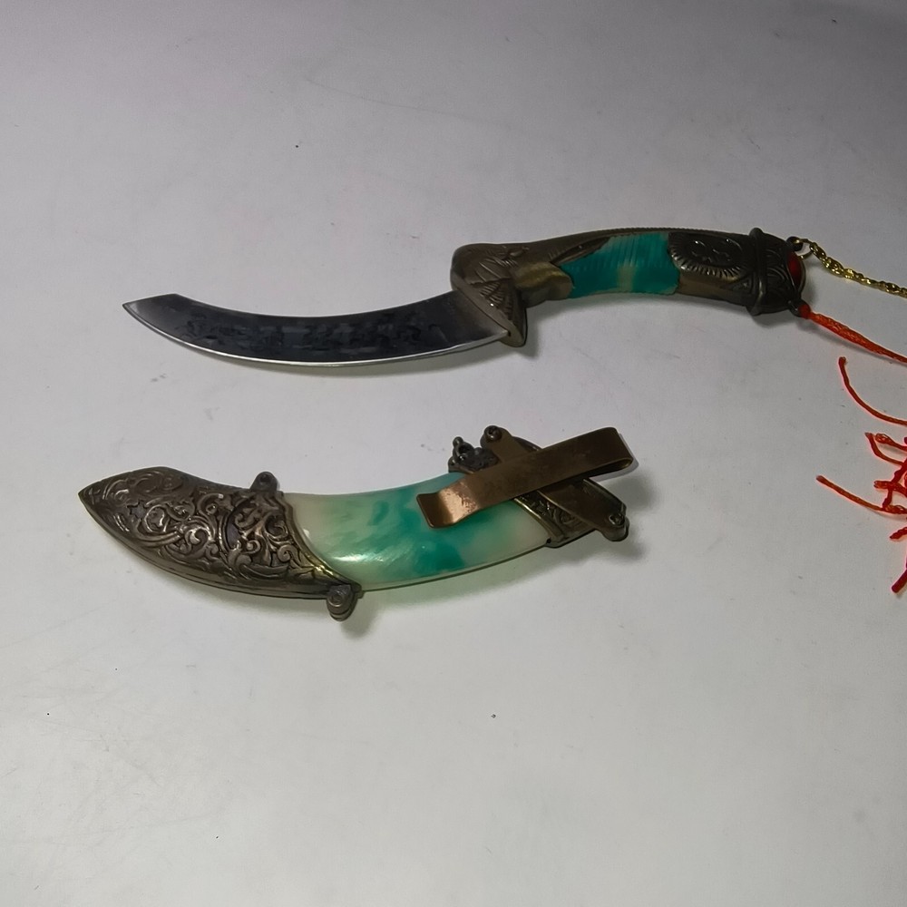 Chinese DAGGER STAINLESS INSCRIBED BLADE 4''ELEPHANT HEAD RUBY STONE & SHEATH