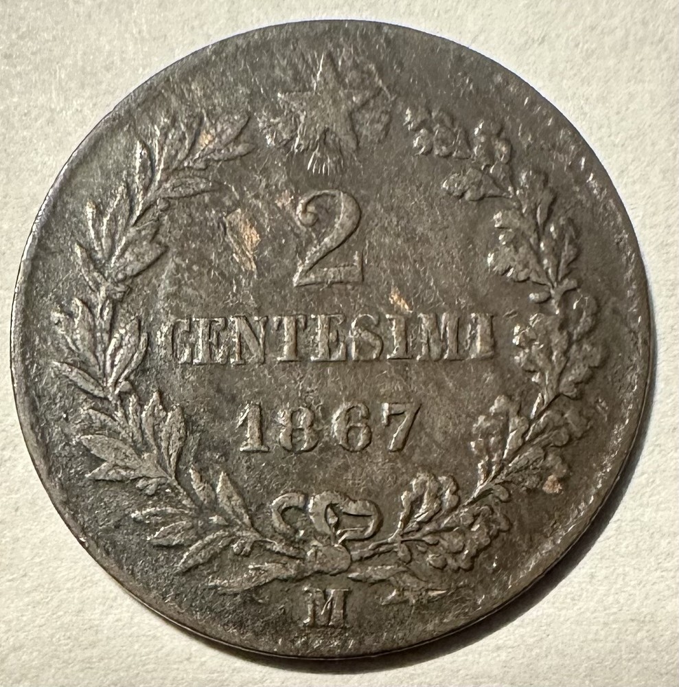 1867-M Italy 2 Centesimi, VF