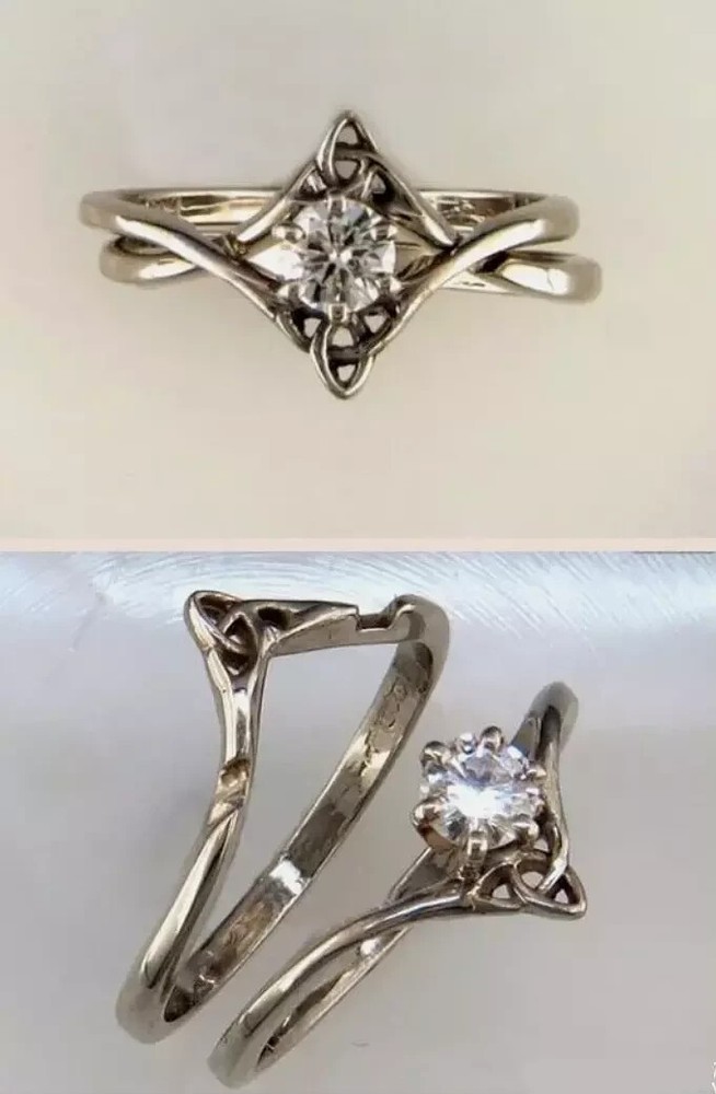 Art Deco Style Lab Created Interlocking Wedding White Gold FN Ring Set