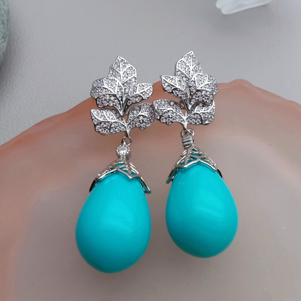 Blue Sea Shell Pearl Teardrop Dangle Cz Pave Stud Earrings