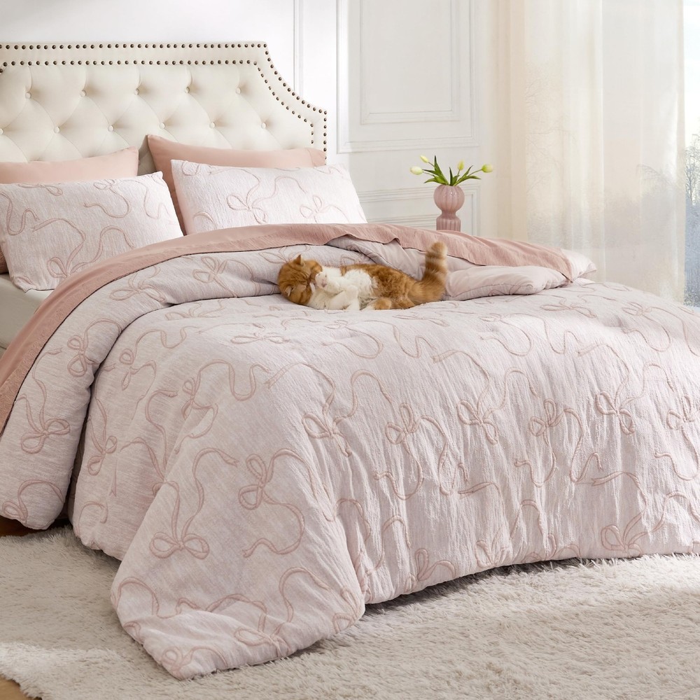 Bedsure Pink Comforter Set Queen, GentleSoft™ 3 Pieces Breathable Bow Comf