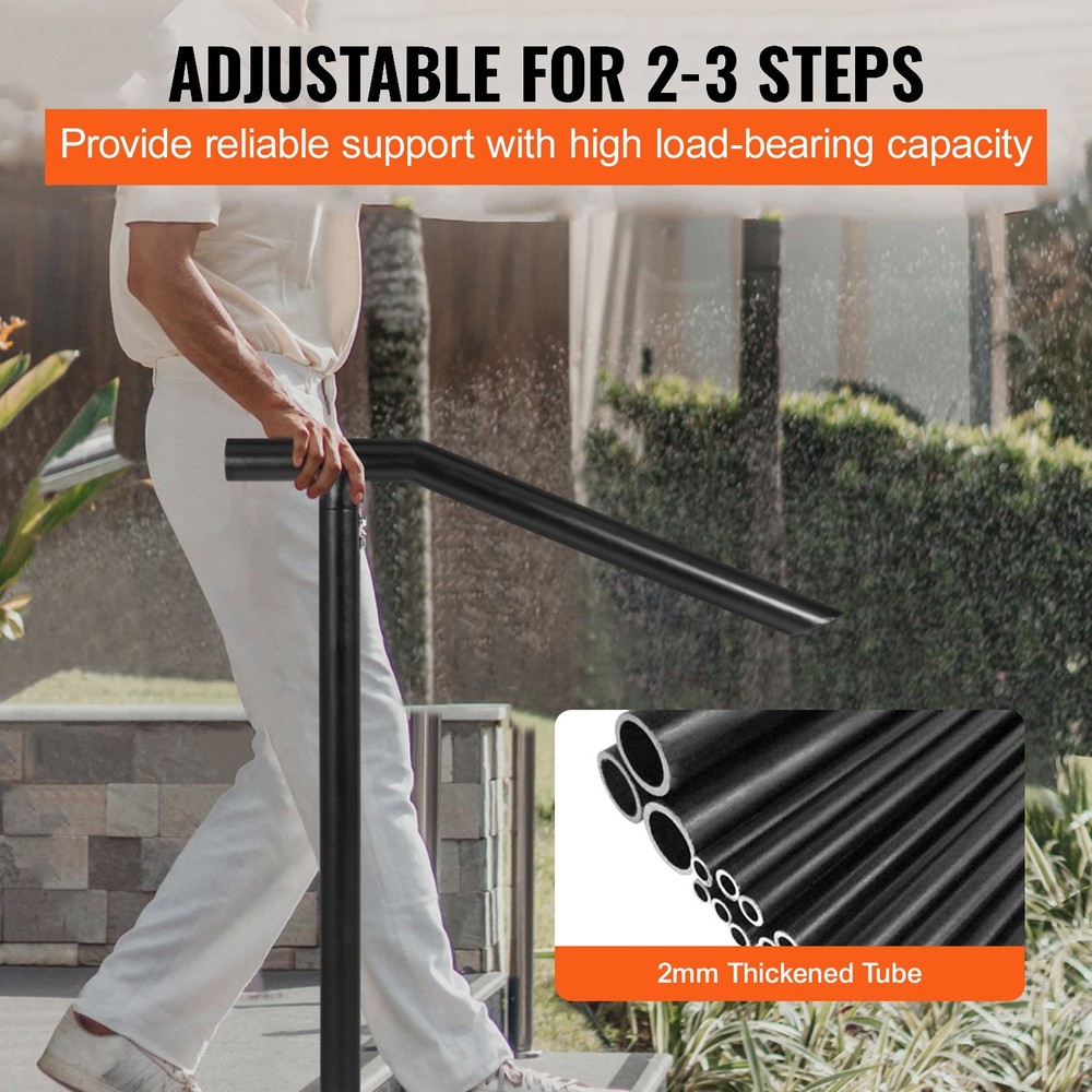 3Ft Step Railing Iron Stair Handrail Floor Mounted Sturdy Black Arched Han