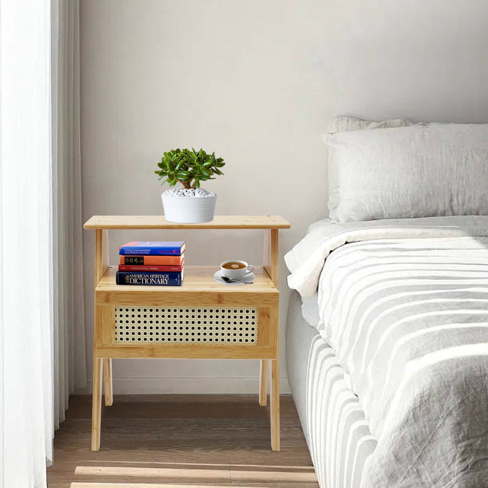 Bamboo Nightstand, End Table with Drawer, Bedside Table Sofa Side for Bedroom