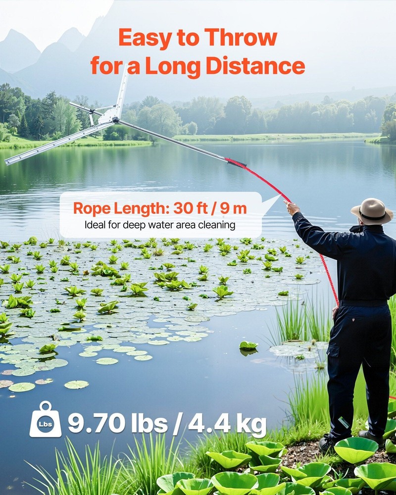 Adjustable 62in Pond Weed Cutter with Sharp Stainless Blades & 30ft Rope