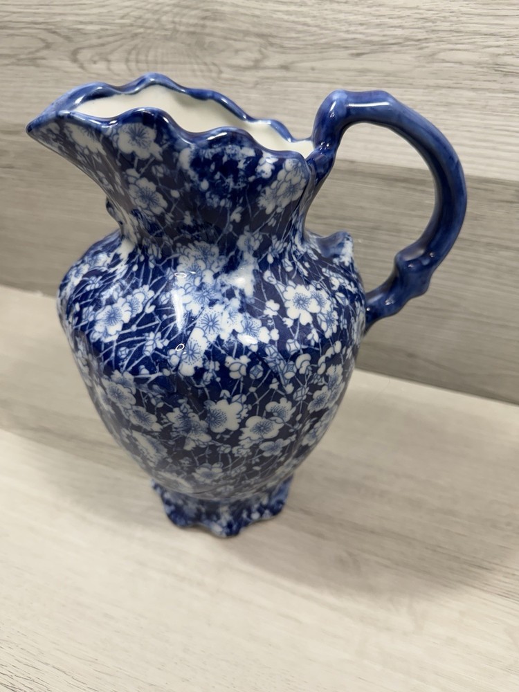 Vintage Victoria Ware Ironstone Pitcher Flow Blue Calico Floral Pattern