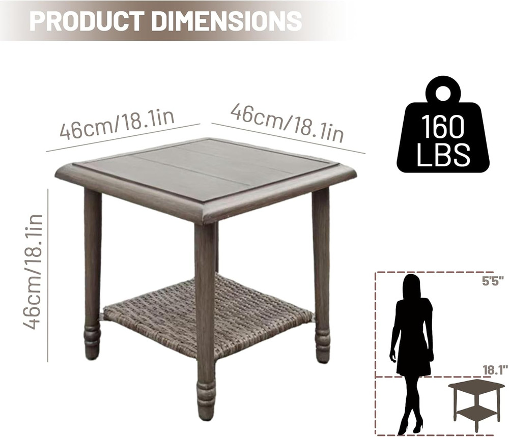 Wicker Outdoor Side Table with Storage, Small Square Patio Side Table for Porch