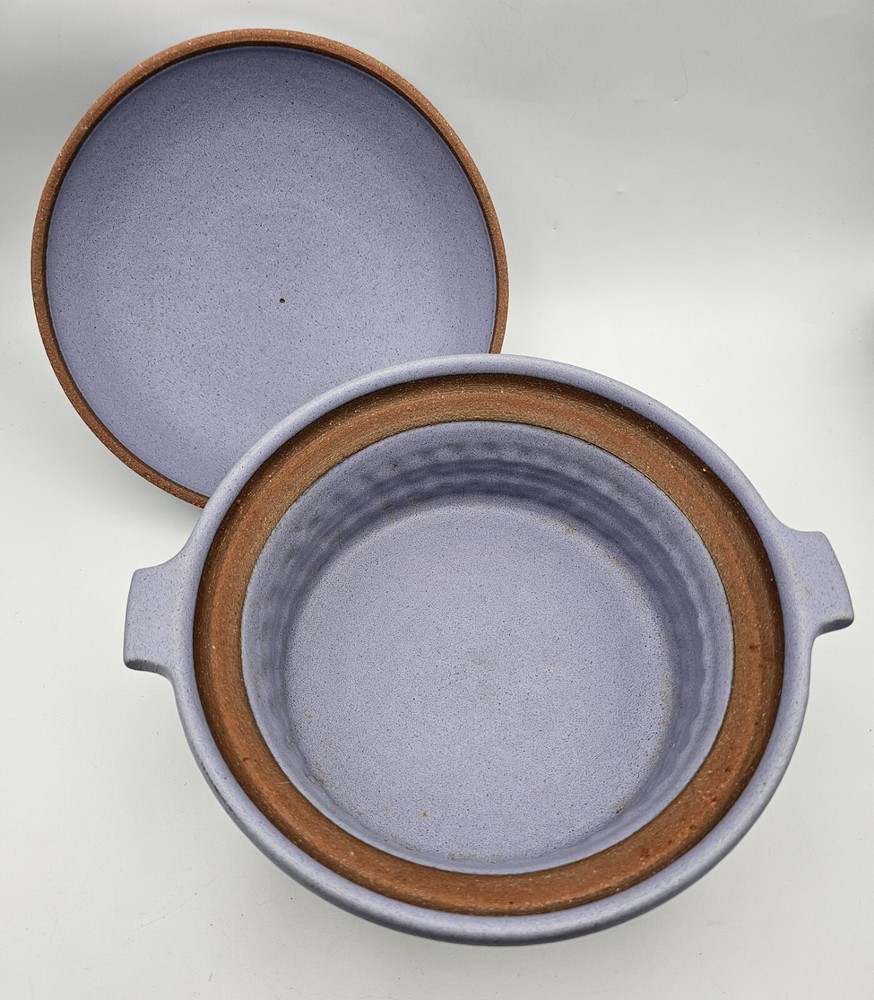Signed Studio Pottery Dish w/ Lid ~ Unique Lavender Handled Dish & Dome Lid DWL