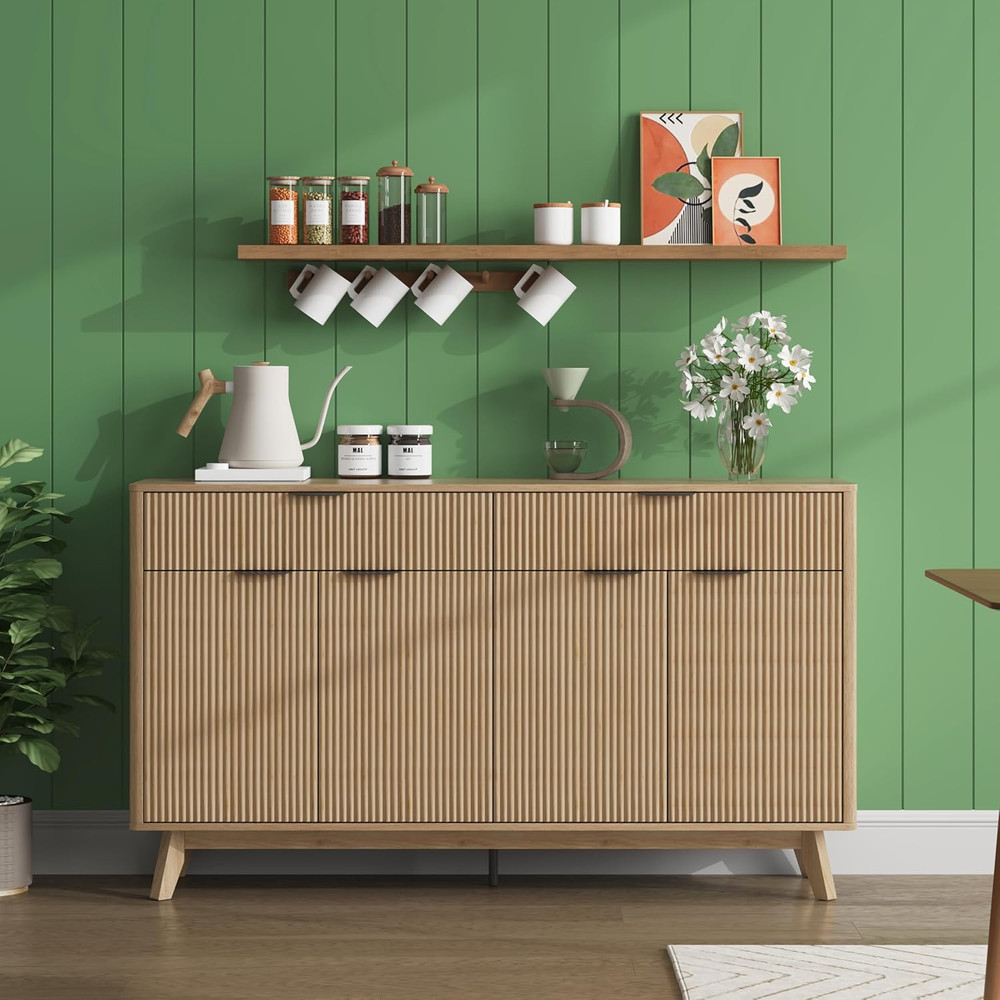Buffet Sideboard, 60'' Sideboard Cabinet with 2 Drawers and 4 Wave Doors, Sidebo