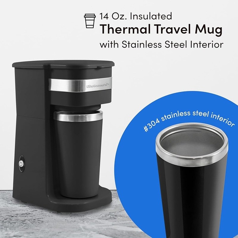 Single Serve Coffee Maker Quick Brew Time Compact Portable Design W/ Travel Mug