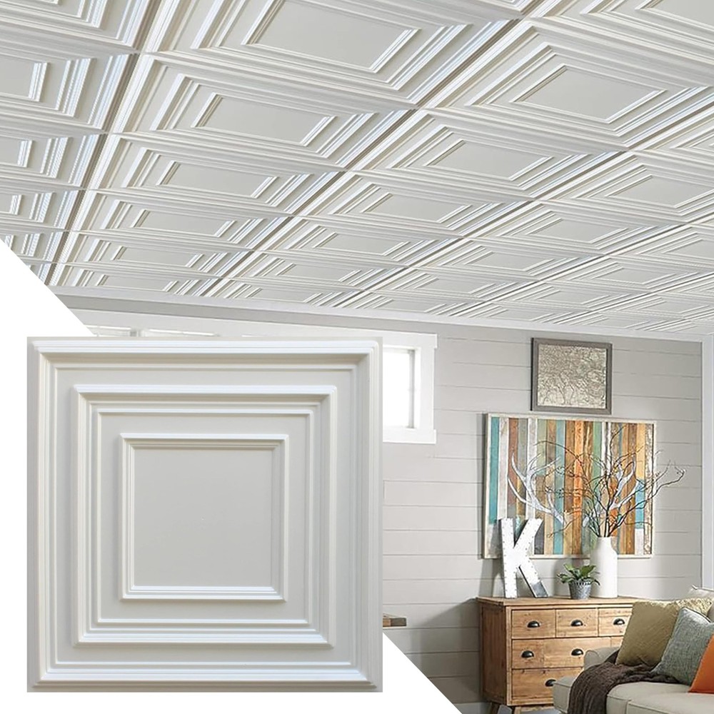 Dundee Deco Traditional Square Silver PVC 3D Decorative Ceiling Panel 2ft x 2ft