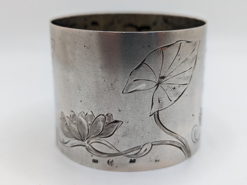 Antique German 800 Silver Napkin Ring "FP" initials, beautiful lily etching