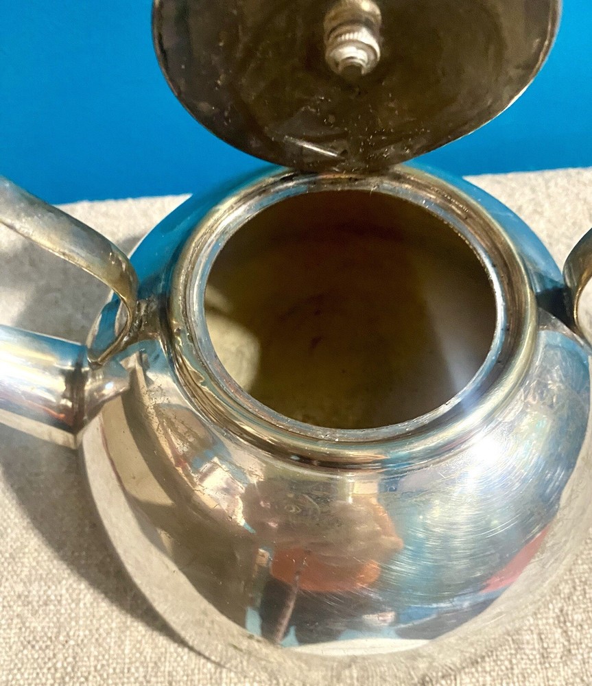 BRITISH Silver/Plated TEAPOT WICKER Handle Latched Lid EUC Modernist