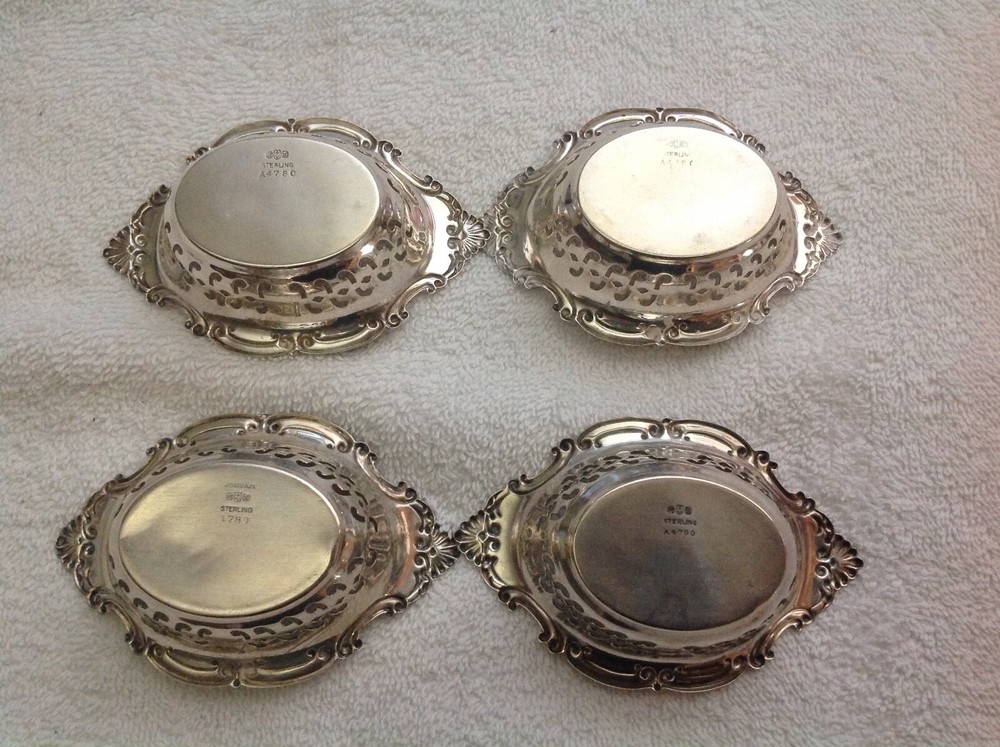 4 GORHAM STERLING SILVER PIERCED NUT BOWL DISH, ONE MONOGRAMMED