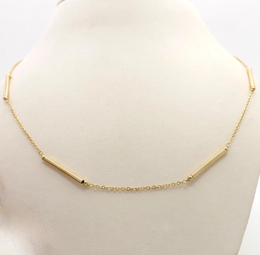 Solid 14k Yellow Gold Cable Link Bar Stations Chain Necklace 18in