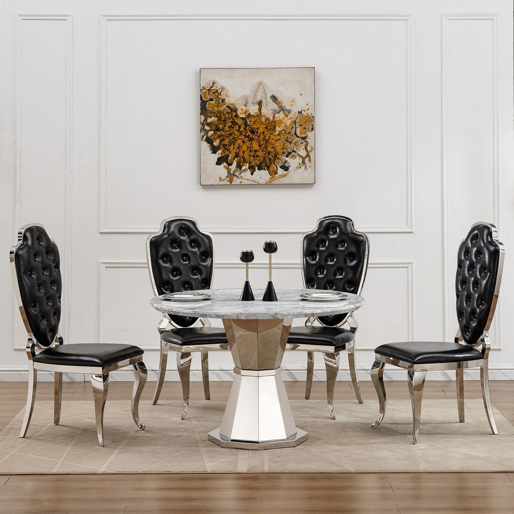 47" Round Marble Dining Table, Modern Kitchen Table with High Gloss Faux Marbl