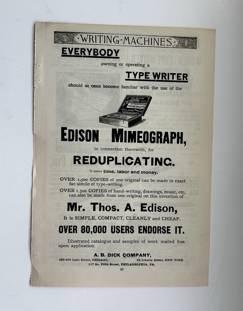 Vintage 1890s Thomas Edison Mimeograph Advertisement Victorian Copy Machine