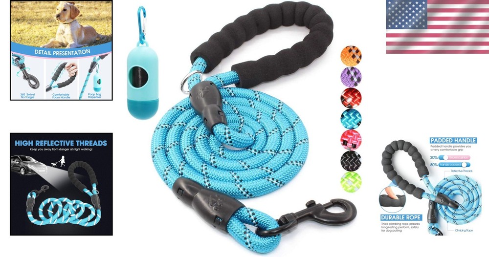 6FT Heavy Duty Dog Leash with Padded Handle & Reflective Threads - Blue