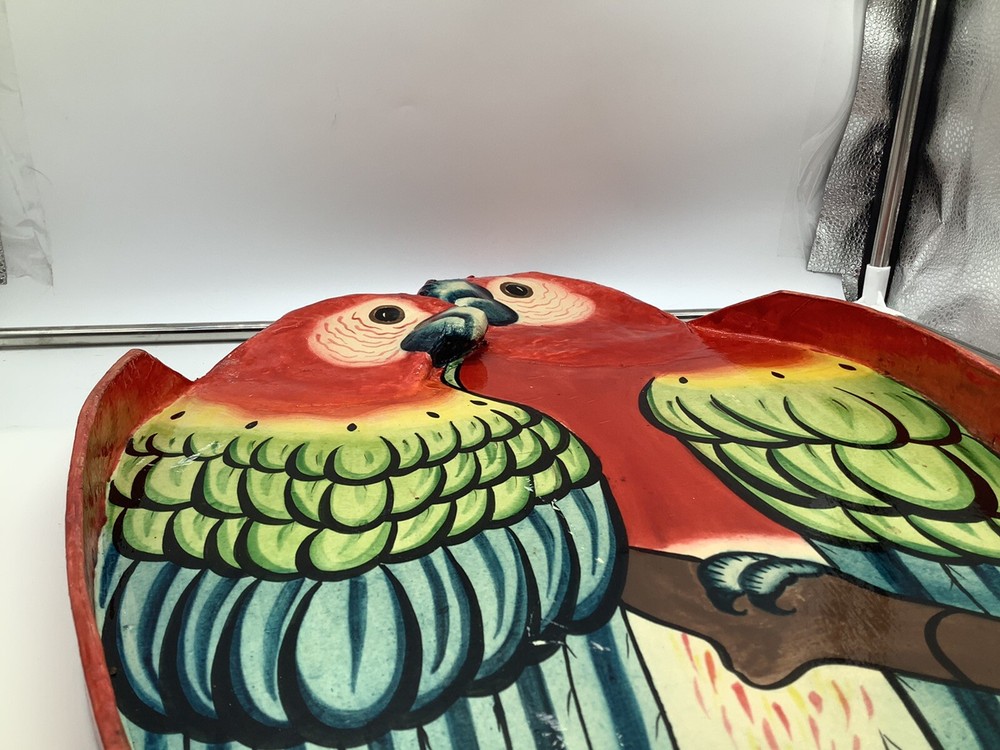 Vintage Handmade Large Parrot Tray 2 Parrots Handpainted