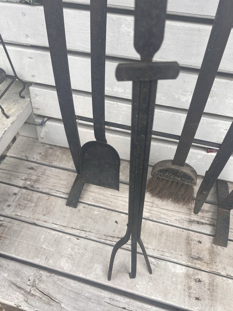 Primitive Style Distressed Iron Fireplace Tools & Rack 5pc Western Rustic