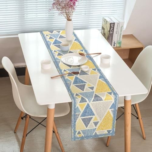 Yellow Blue Table Runner, Abstract Geometric Art Table Runners for Dining