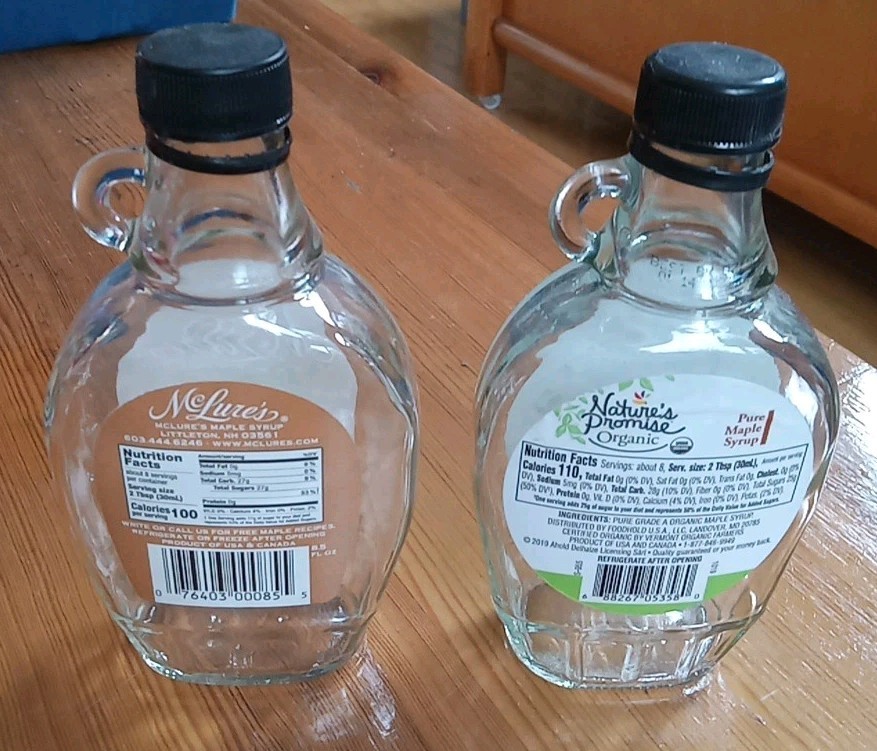 2 Empty Maple Syrup Clear Glass 8.5 oz Bottles w Loop Handle Plastic Caps Labels