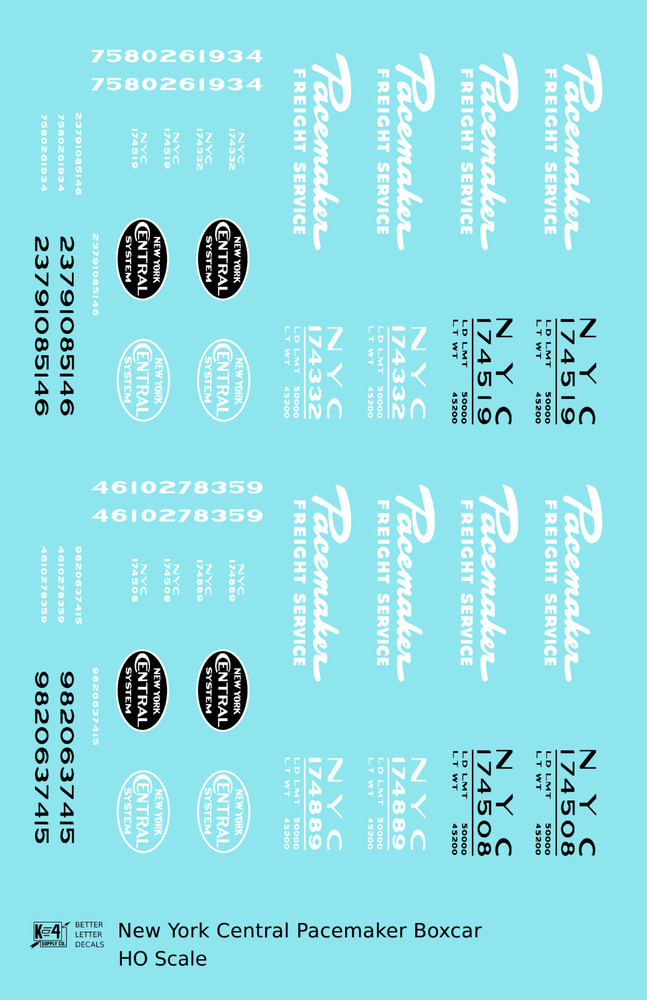K4 HO Scale Decals New York Central Pacemaker Boxcar