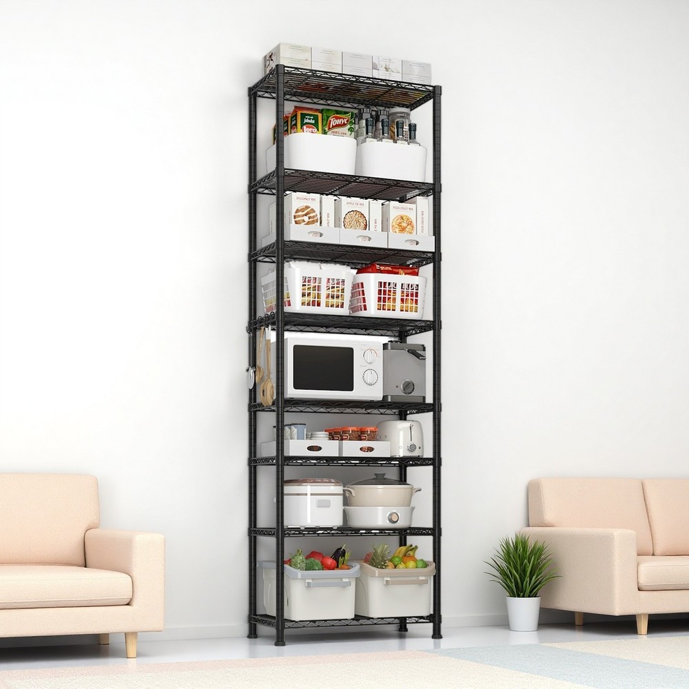 8-Tier Wire Shelving Unit - Heavy Duty, Adjustable, Modular, Hooks & Black