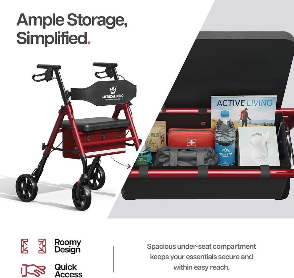 Red Foldable Rollator Walker Seat 8" Wheels Lightweight 350lb Pouch
