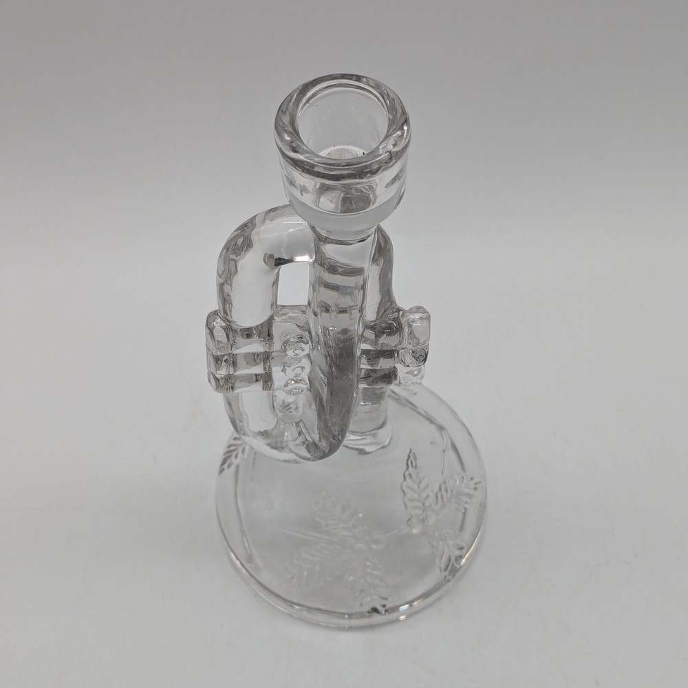 Bugle or Trumpet shaped clear glass candlestick holder solid with leaf imprint