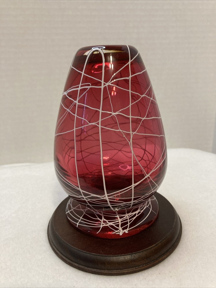 Cranberry Hand Blown White Drizzled Paint Design Artist Signed Vase