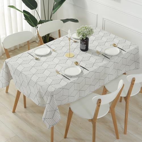 Rectangle Tablecloth, Cotton Linen Geometric 108" x 52" (Rectangular) White