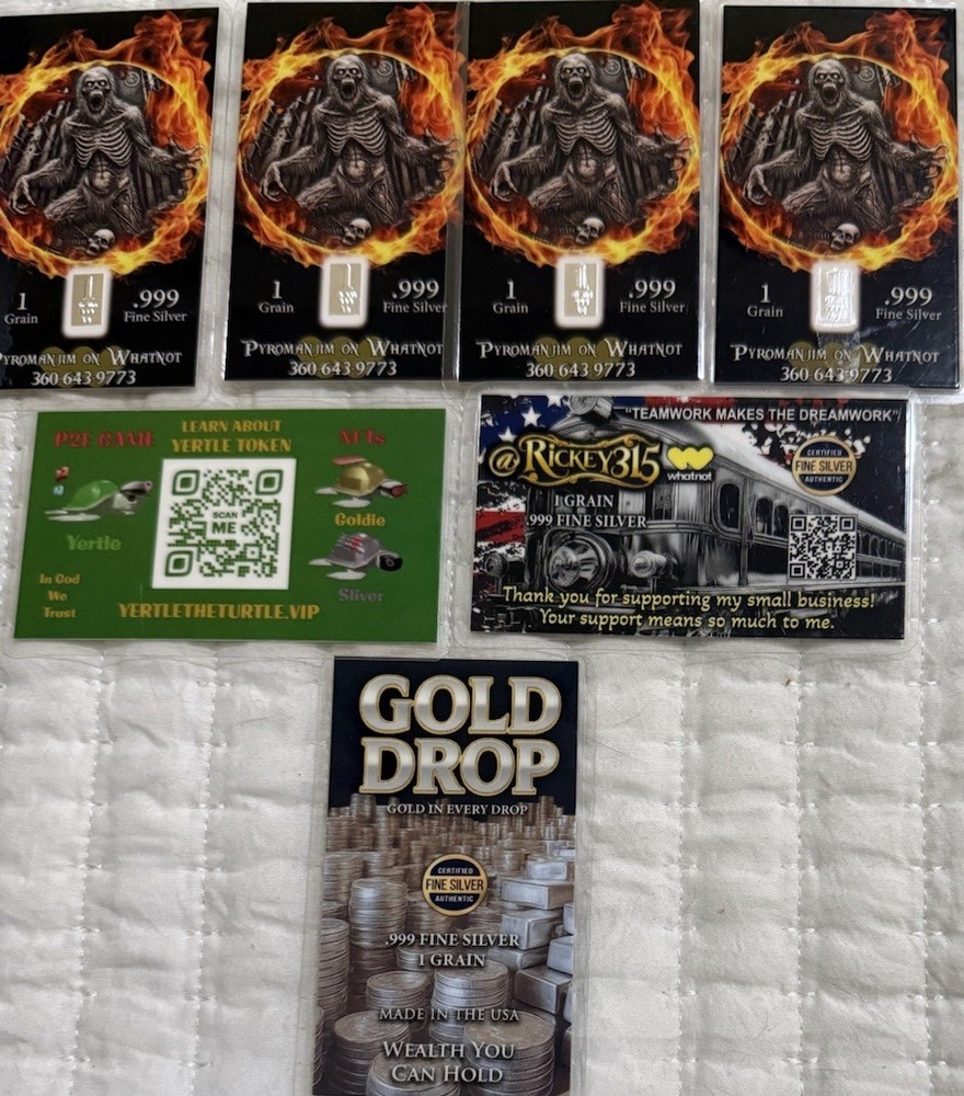 Seven 1 Grain, .999 Fine Silver cards (assorted)