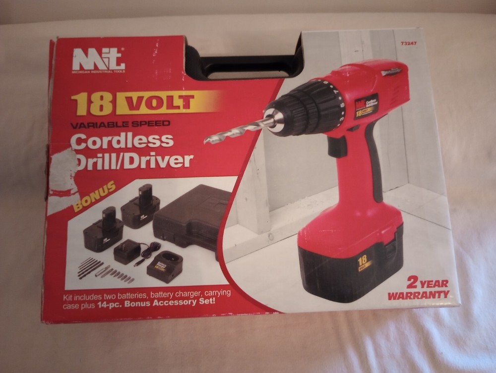 MIT 73247, 18v Variable Speed Cordless Drill Driver Set, Case, Bits, Batteries