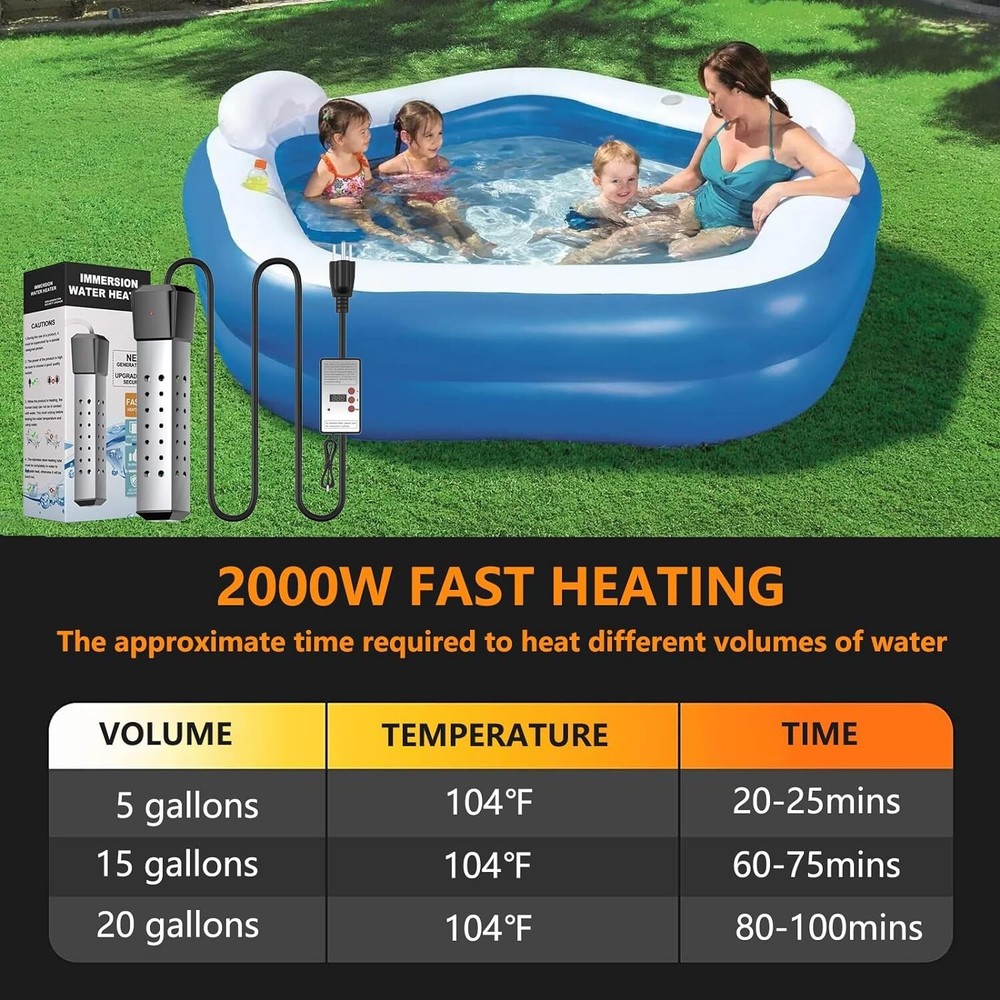 2000W Pool Heater with Stainless Guard - Fast Heating for Inflatable Pools
