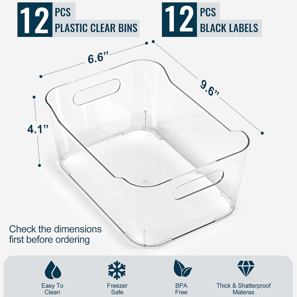12 PACK Multi-Use Clear Plastic Storage Bins for Organizing w/ Labels - Home, Ki