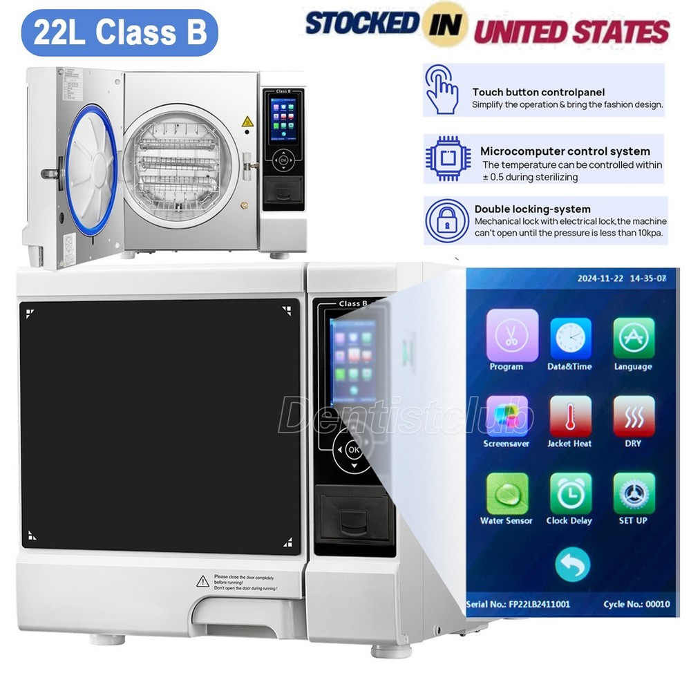 22L Dental Autoclave Steam Sterilization Class B Sterilizer w/ LCD Data Printer