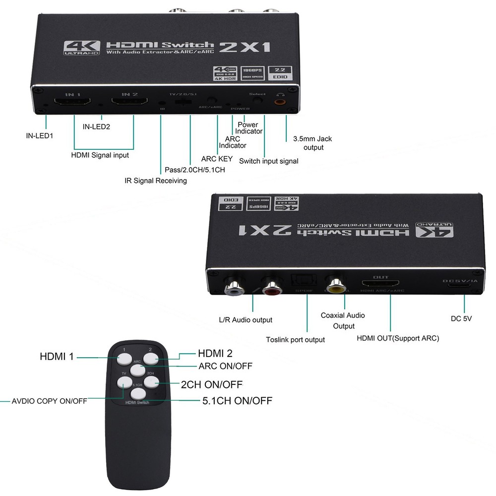 1 PC 2x1 HDMI Audio Extractor Switch Adapter 4K HDMI ARC Audio Switcher Selector