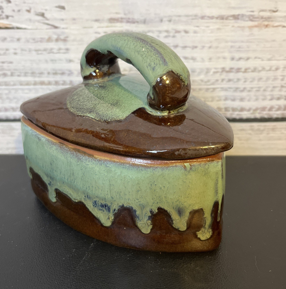 Ceramic Drip Glaze Butter Lidded Dish Blue Brown Iron Shape Container Japan