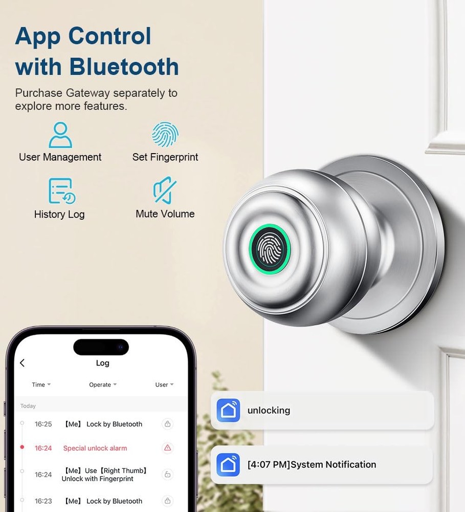 KLLOQUE Fingerprint Door Lock, Smart Knob 1 Piece, Silver