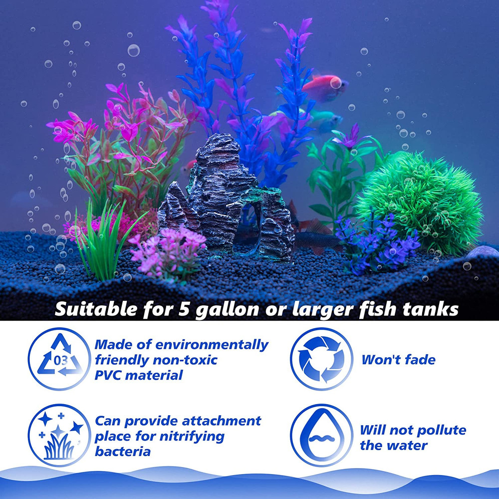 Aquarium Decorations Fish Tank Artificial Plastic Plants & Cave Rock Decor Set,