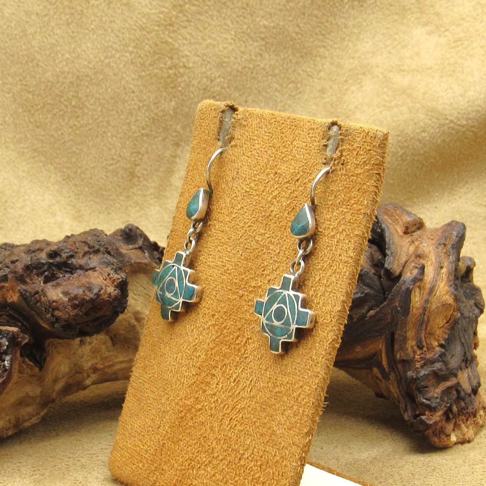 950 Silver Chip Inlay Turquoise Wire Dangle Earrings