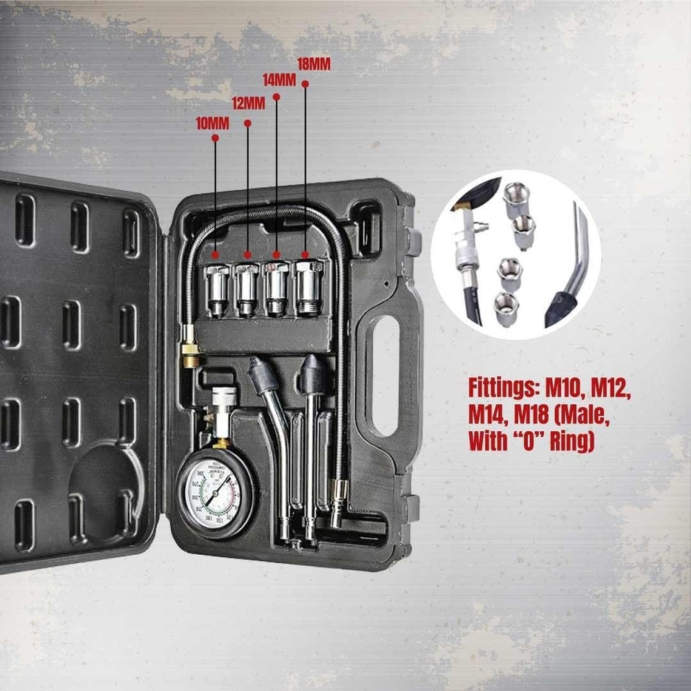 Engine Compression Tester Kit – Small Engines with 10MM, 12MM, 14MM, 18MM Adap.