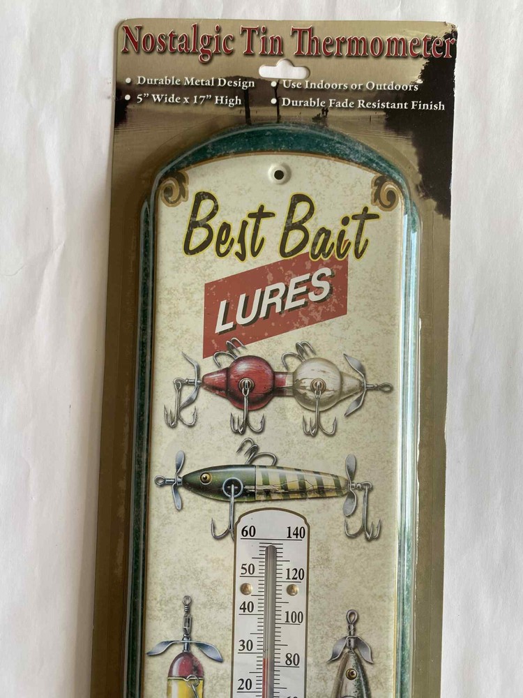 NOSTALGIC TIN THERMOMETER BEST BAIT LURES 17” LENGTH X 5” WIDTH Temperature NEW