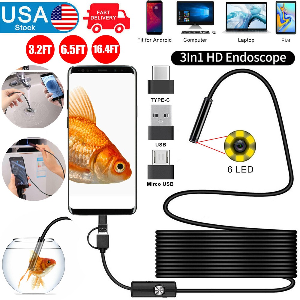 5M 6LEDs Endoscope Borescope 7mm Inspection USB Snake Camera For Android Type-c