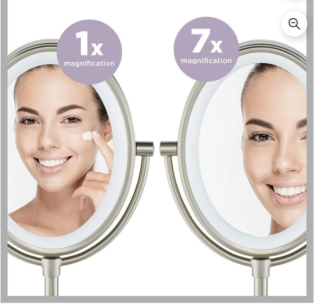 LED Lighted Double-Sided Magnifying Mirror 1x/7x Adjustable Oval Silver