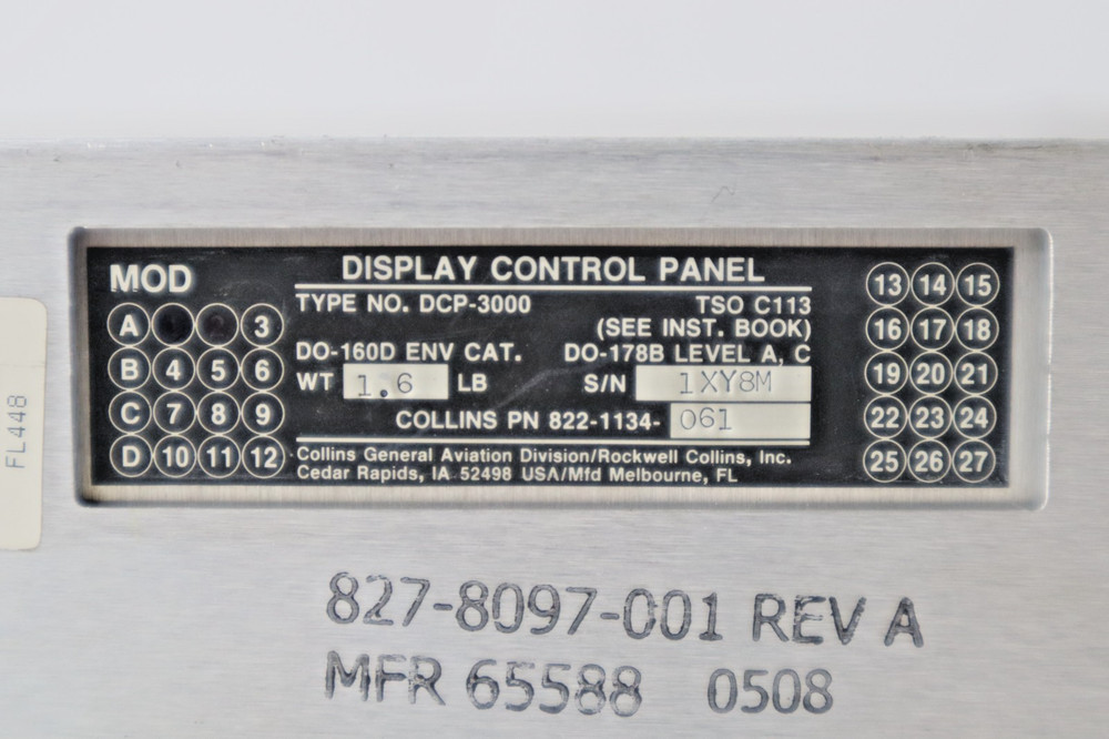Collins DCP-3000 Display Control Panel 822-1134-061 Removed Working