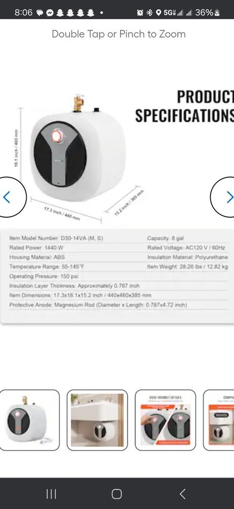 VEVOR 8 Gallon Electric Mini Tank Hot Water Heater Kitchen Sink Compact 1440W